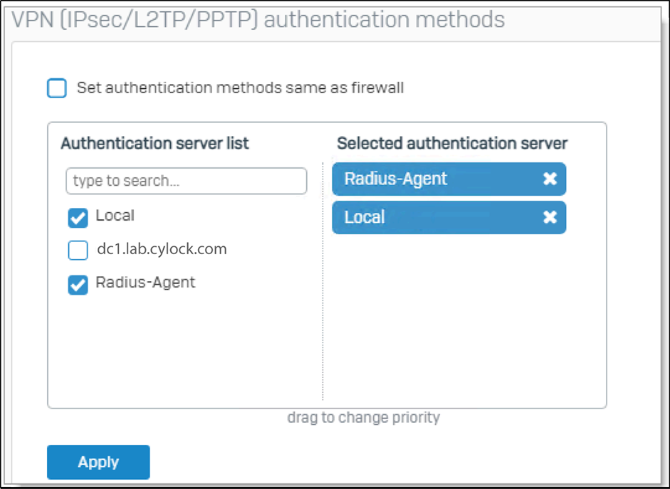 Selecting RADIUS Agent as Authentication method